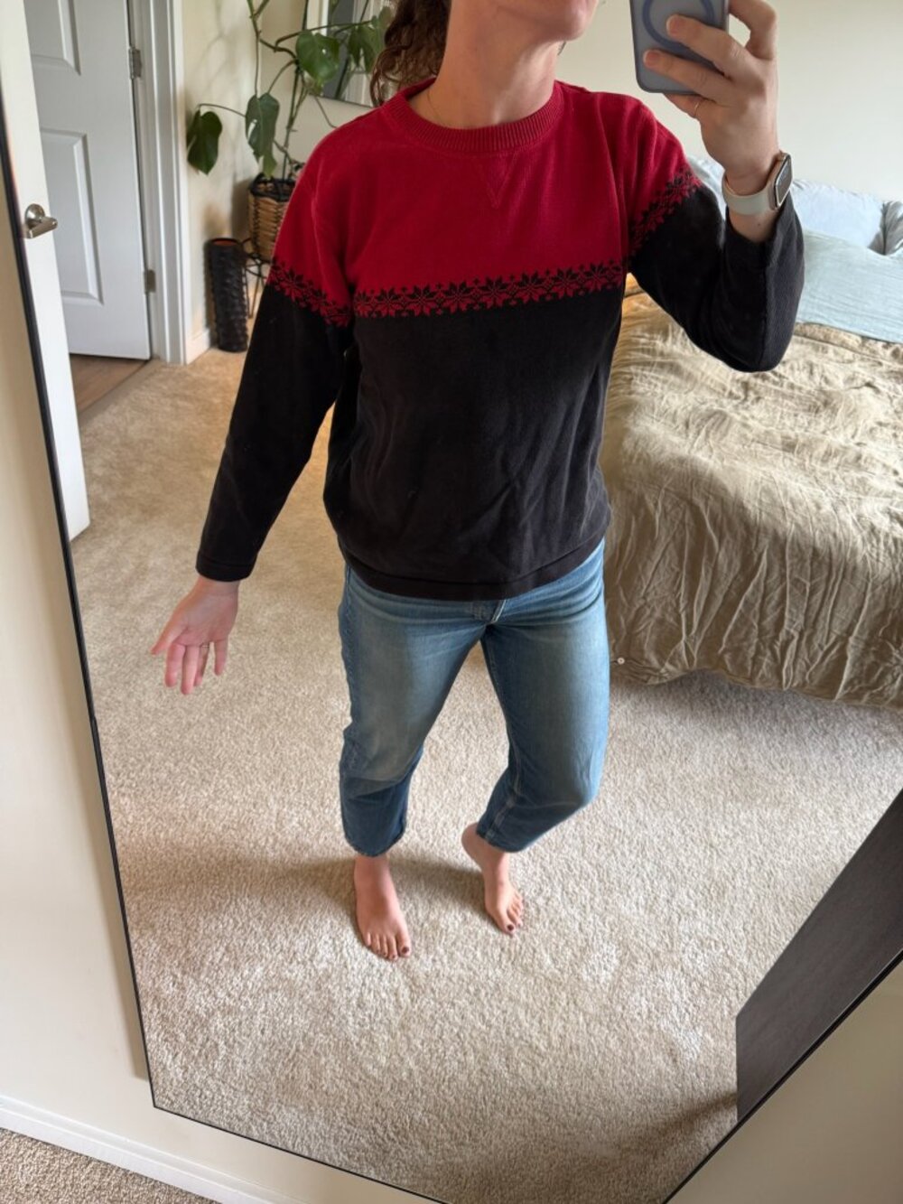 Vintage Eddie Bauer Red and Black Fair Isle Snowflake Knit Sweater Petite Small